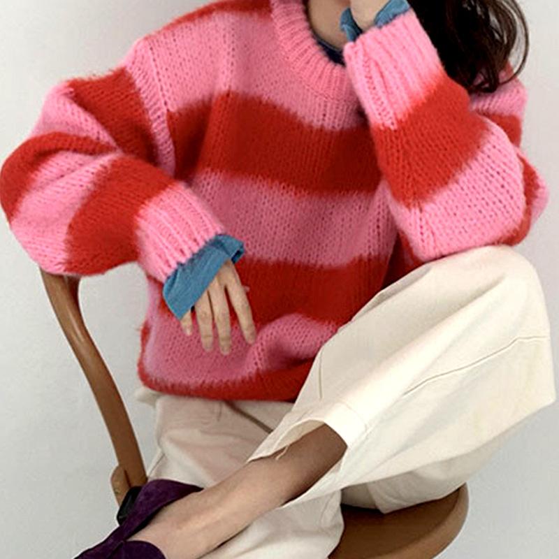 

Women's Sweaters Korean Chic Autumn Niche Crew Neck Contrast Stripe Loose And Versatile Bubble Sleeve Knitted Pullover Sweater Women, Pink