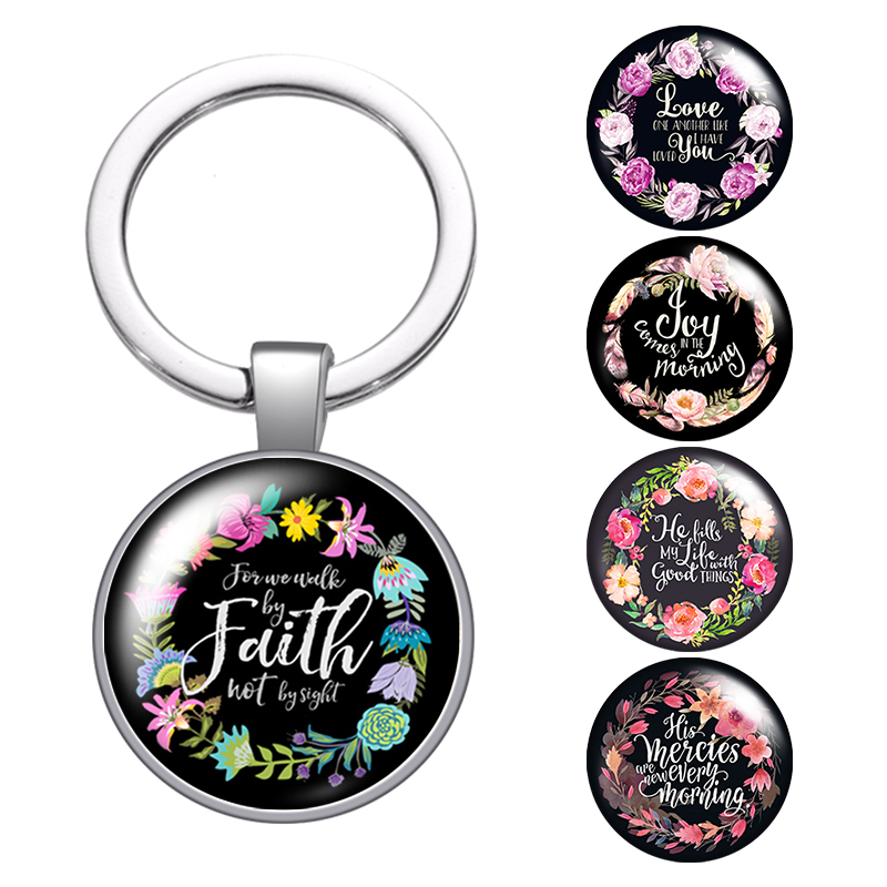

Flowers Artistic Font Words Faith Glass Cabochon Keychain Bag Car Key Rings Holder Charms Silver Plated Key Chains Women Gifts