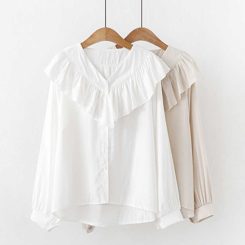 

spring autumn Women Split Blouse Casual Button Up ruffle White Long Sleeve Casual Streetwear Shirt Tops 210604