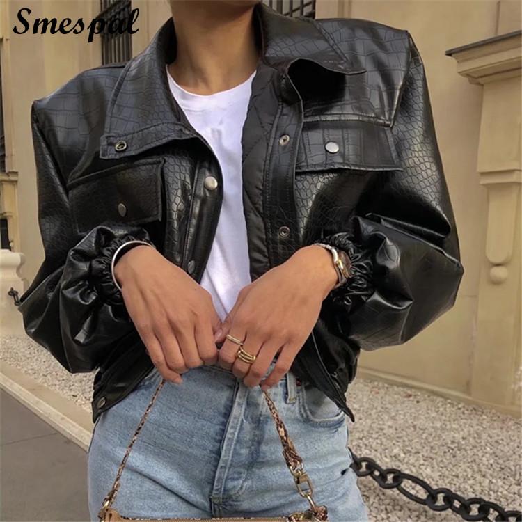 

Women's Leather & Faux Jacket Women Winter Fashion Snakeskin Grain Pu Crop Coat, Black