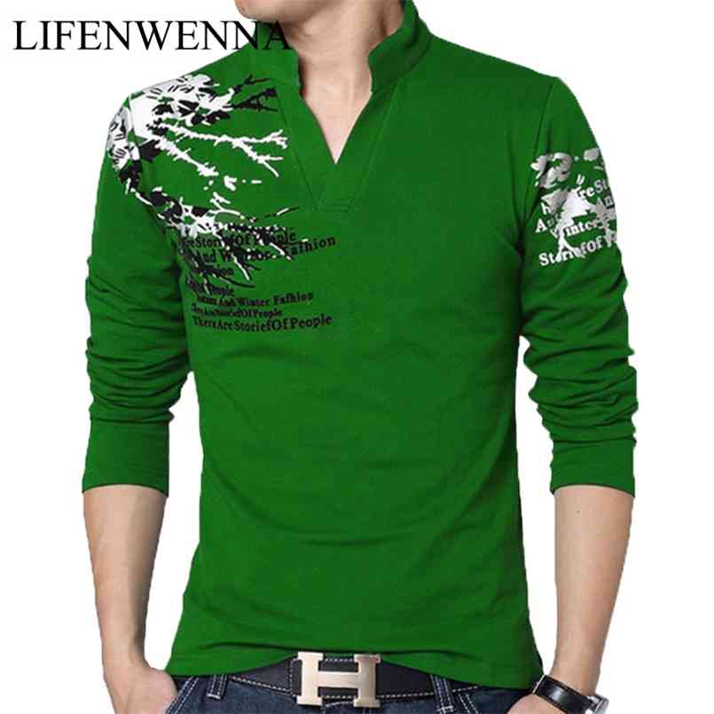 

Autumn Men's T Shirt Fashion Flower Print V Neck Long Sleeve Mens Clothes rend Casual op ee Men 5XL 210721, T197 grass green