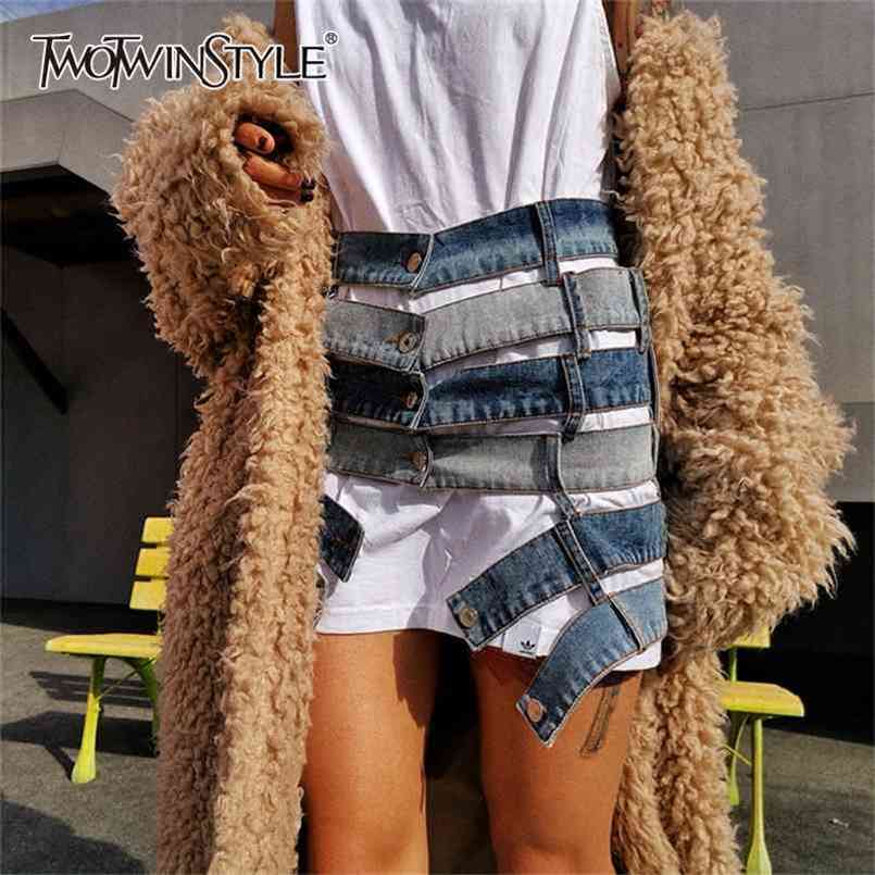 

TWOTWINSTYLE Patchwork Hit Color Sexy Skirt Women High Waist Asymmetric Large Size Mini Female Skirts Clothes Fashion 210702, Blue