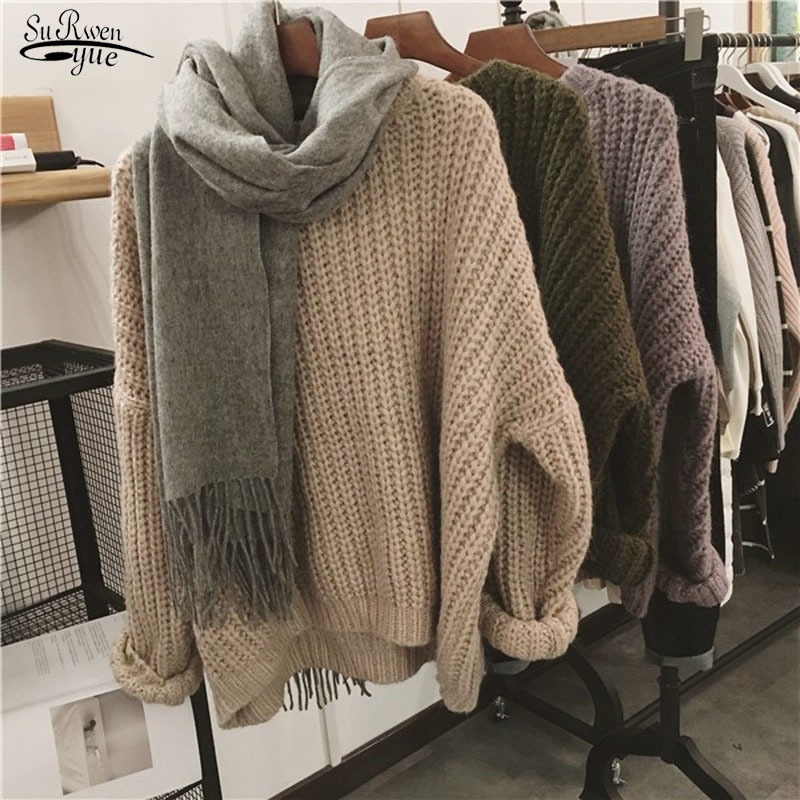 

Autumn and Winter Vintage Long Sleeve Women Sweater Loose Plus Size Solid Pullover O-neck Knitted 11629 210521, Army green