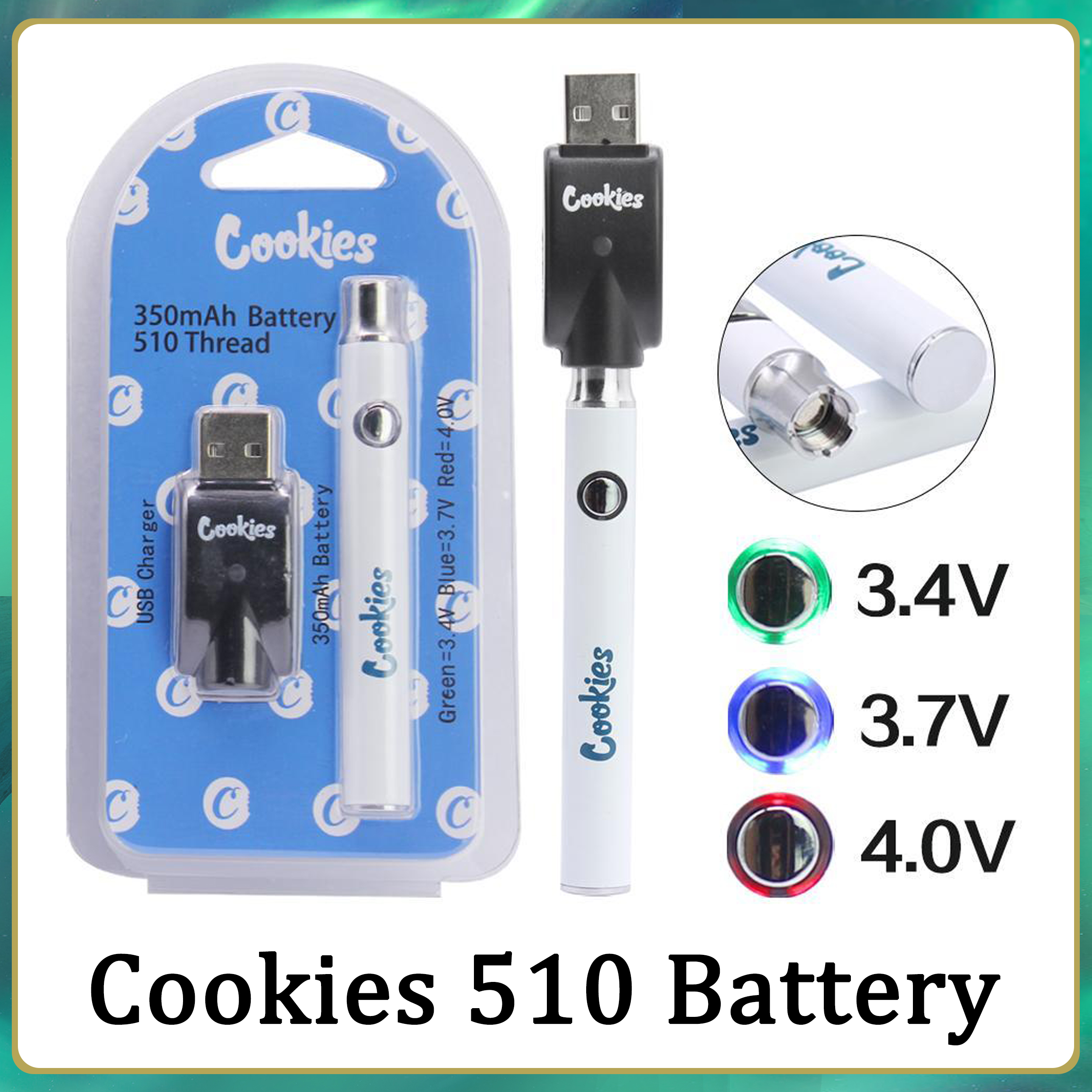 

Cookies Preheating Vape Battery 4 Colors USB Charger Kits 510 Thread Preheat 350mah VV Variable Voltage Batteries Blister pack