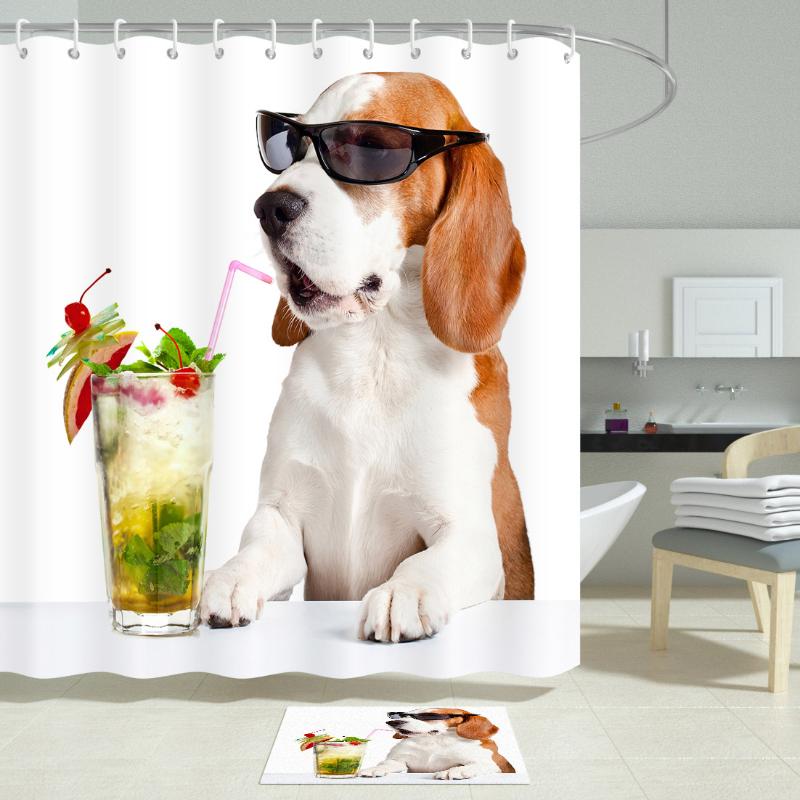 

Drinking Dog With Glasses In Summer Printed Waterproof Shower Curtains Bath Products Bathroom Screen Decor 12 Hooks