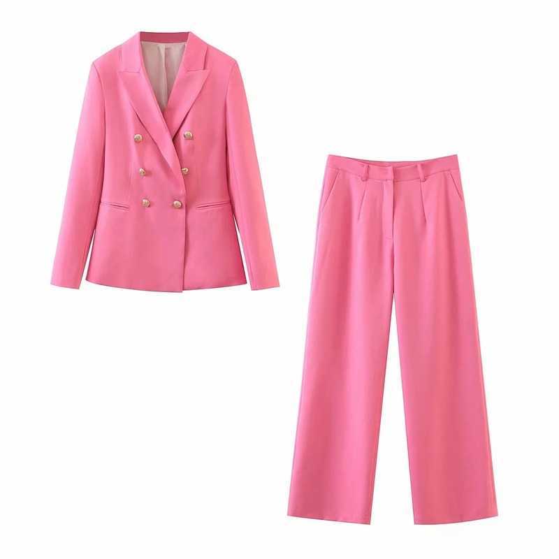 

Autumn women' jacket pants two-piece office clothes casual double breasted ladies Fashion wide leg trousers 210527, Pink