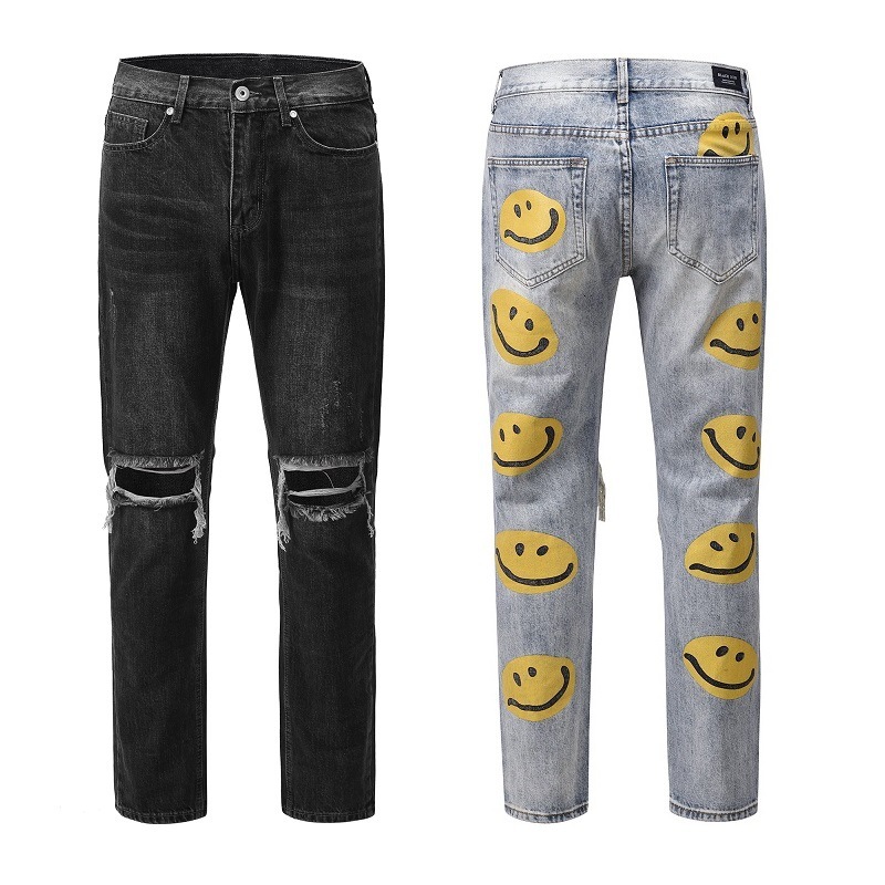 Jeans High Street Justin Bieber's Same Smiling Face Broken Hole pour hommes et femmes, tendance droite décontractée