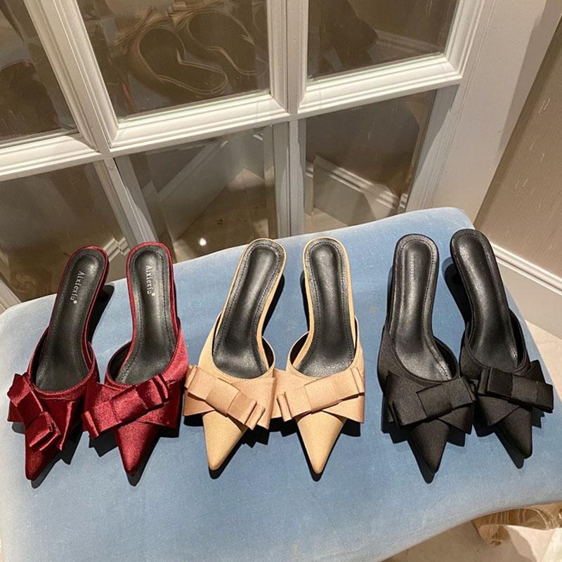 

Elegant Bow-knot Mules Femme Korean Cover Toe Slides Flip Flops Sandalias Pointed Thin Med-high Heels Slippers Women Shoes, Black