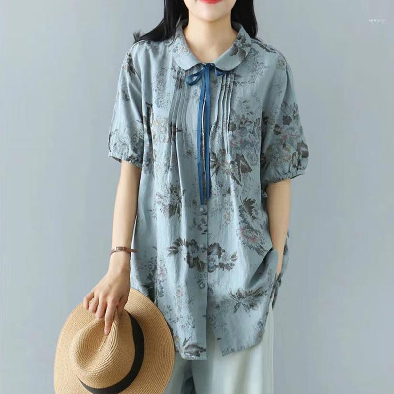 

Women's Blouses & Shirts Literary Retro Doll Shirt Female Summer Collar Lace Floral Linen Loose, Blue