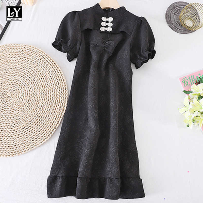 

LY VAREY LIN Summer Women Casual Puff Sleeve High Waist White Black Short Dress Elegant Stand Collar Embroidery Cheongsam 210526