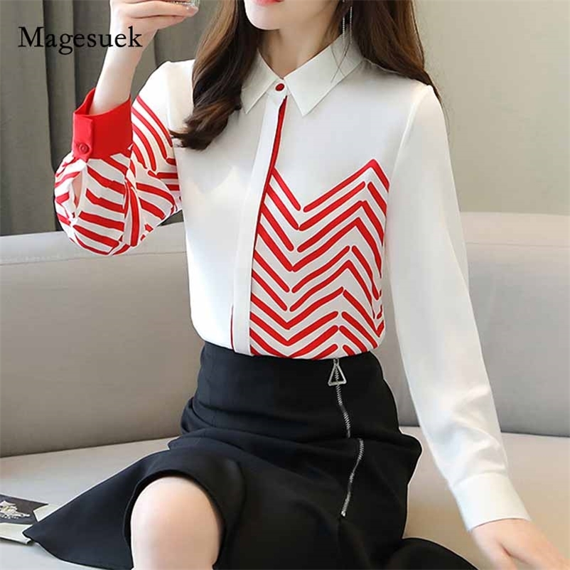 

Autumn Fashion Women Stitching Chiffon Blouse Long Sleeve Turn-down Collar Striped Cardigan Shirt Blusas Mujer 10873 210518, Picture