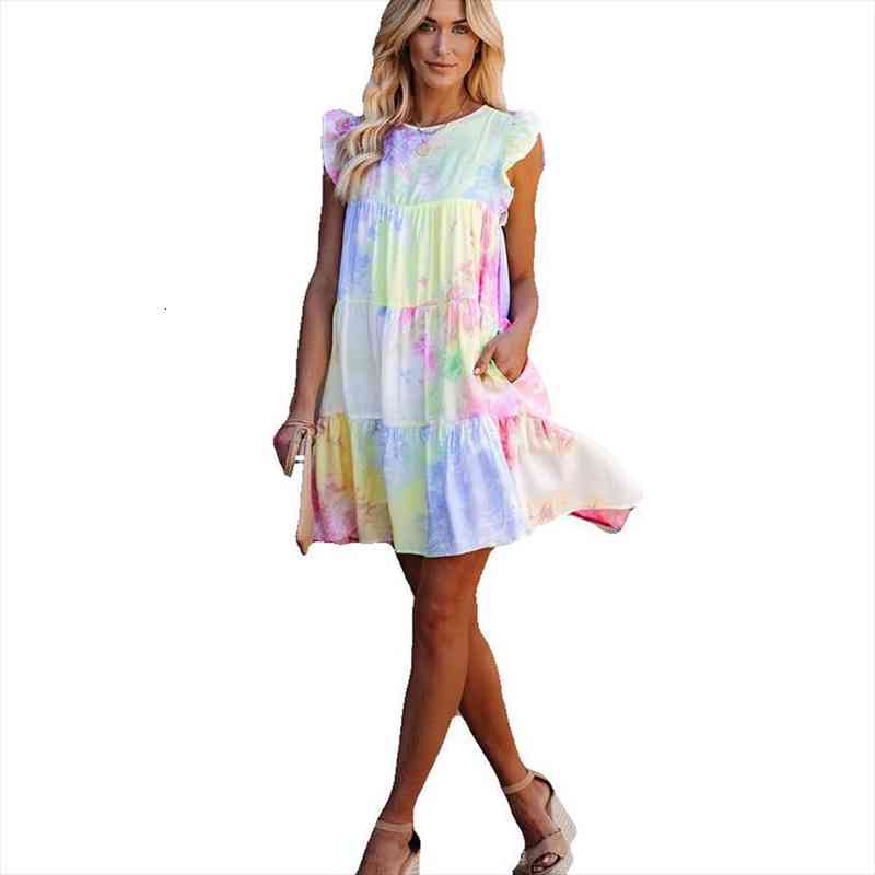 

womens round neck tie-dye pleated stitching pocket layered dress, Black;gray