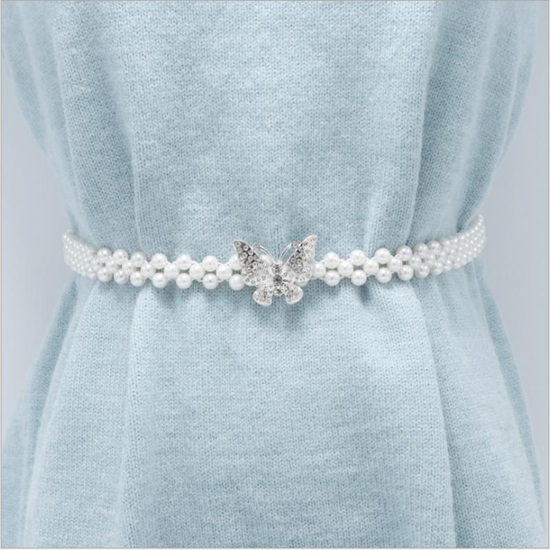 

Belts Elegant Women Pearl Belt Waist Elastic Buckle Chain Female Girls Dress Crystal Strap, Black;brown