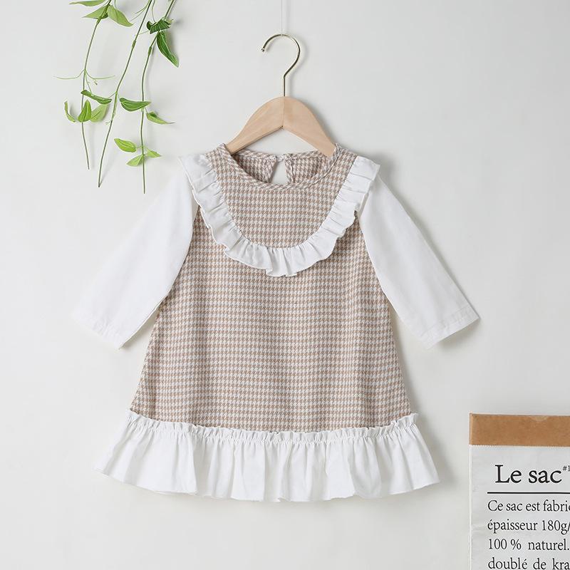 

Girl's Dresses Winter 2021 Arrivals Girls Dress Cotton Long Sleeve Patchwork Houndstooth Ruffles Cute Streetwear 0-24M, Apricot