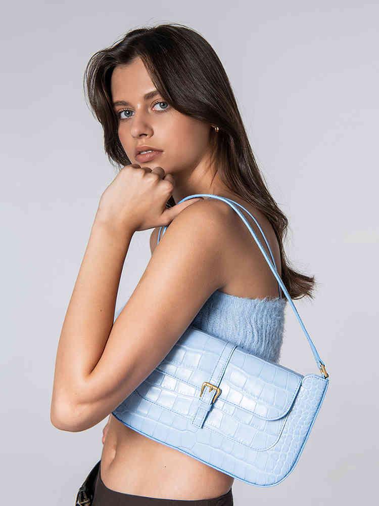 

Fashion Design luxury handbag bag byfar Miranda sky blue crocodile leather underarm