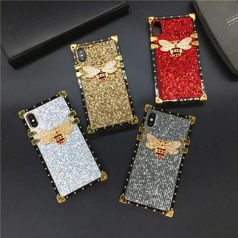 

Luxury Glitter Square Phone Cover Bee Cases for iPhone 13PROMAX 13PRO 12PRO MAX 13 12 11 11PROMAX XR 7P/8P X XSMAX iPhone7 rhinestone CASE, Red with bee
