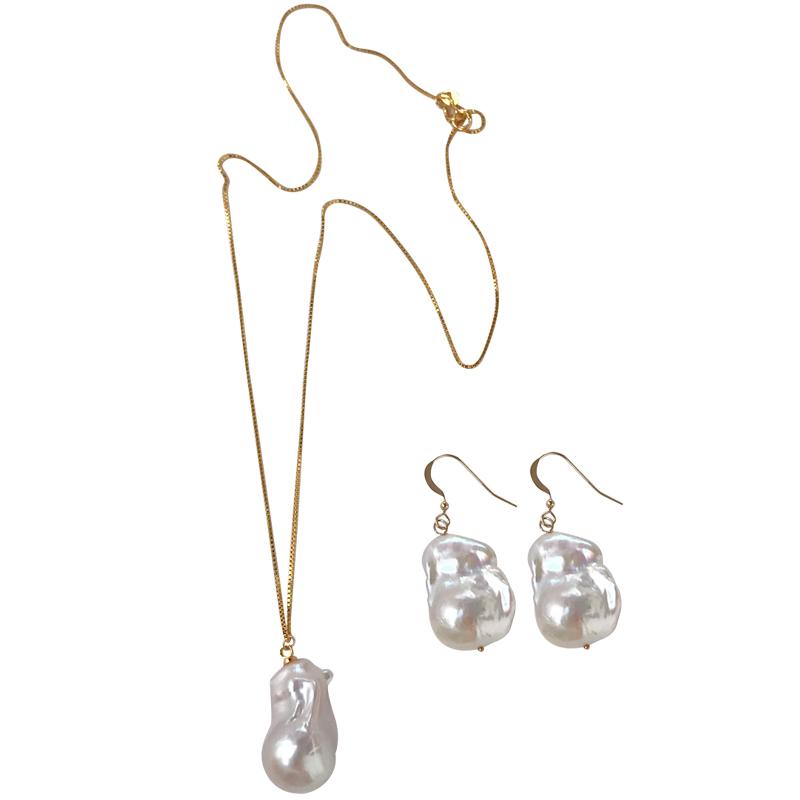 

Earrings & Necklace Fashion Simple Natural Baroque Irregular Shape 15X22MM Pendant Set, Silver