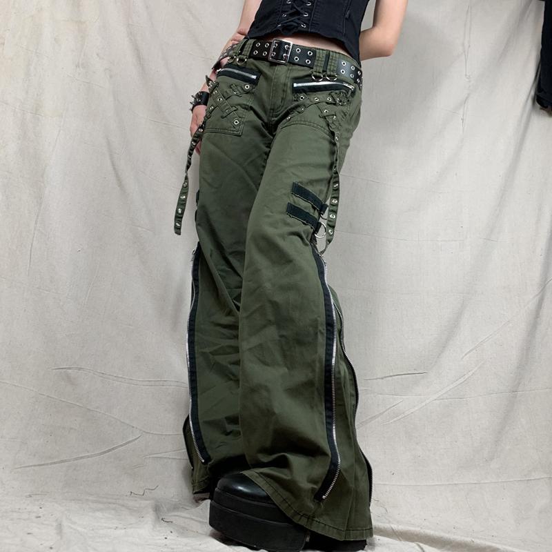 

Women' Jeans Y2k Grunge Green Zipper Bandage Low Waist Cargo Pants Gothic Punk Baggy Retro Kawaii Trousers Women Korean Sweatpants, Army green