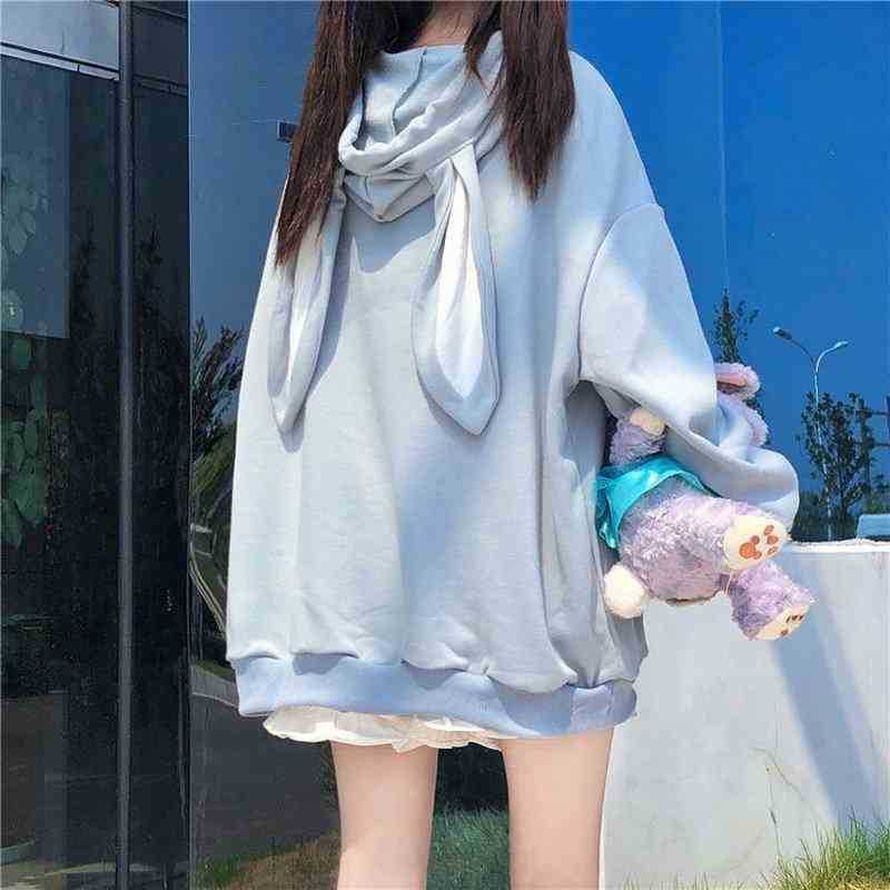 

Long Mouw Hooded Sweatshirts Lent Herfst Loose Fit Kawaii Hoodie Casual Plus Size Blue Women's Clothing, White