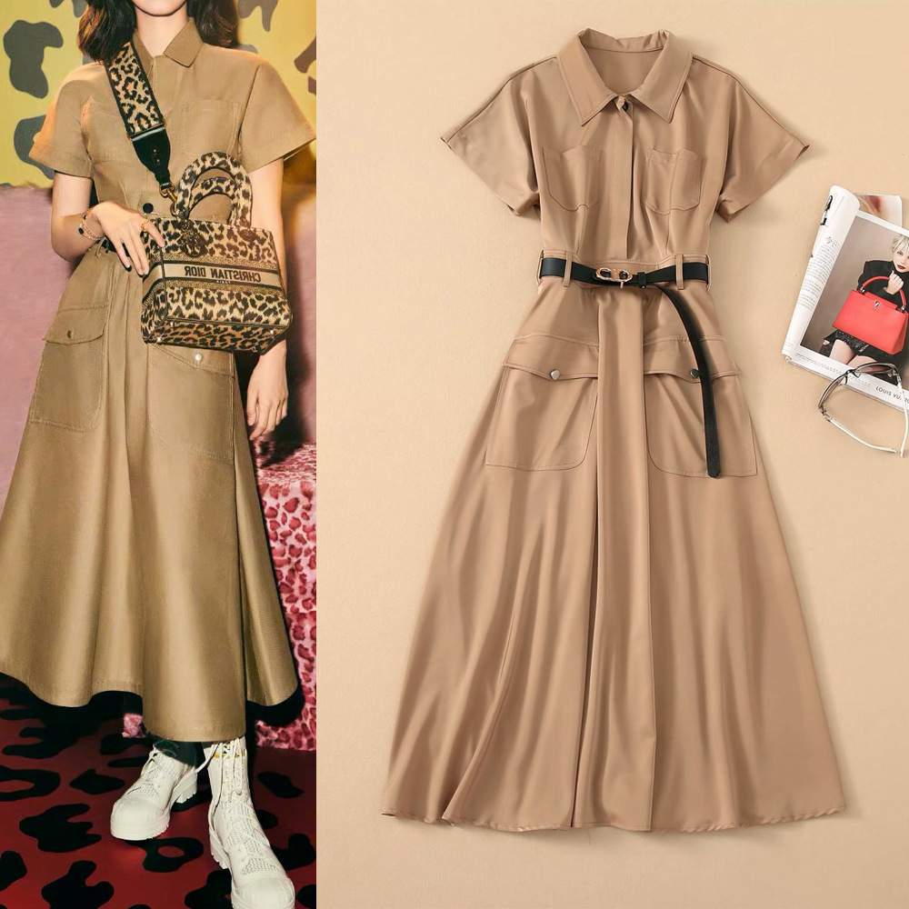 

High-quality catwalk dress with lapel pocket and big swing, As picture