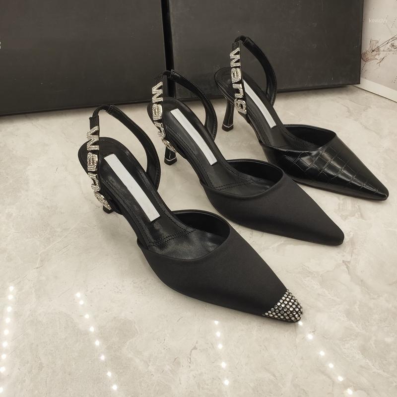 

Dress Shoes Women Lady Black Poined Toe Slingback High Heels Sandals Pumps Diamond Rhineston Summer Slide Sexy Luxury Designers Brand