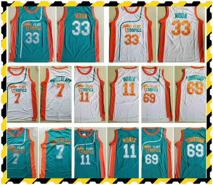 

Men's Basketball Jerseys Flint Tropics Movie Edition #33 Jackie MOON Embroidered 11 ED Monix 7 Coffee Black 69 Downtown