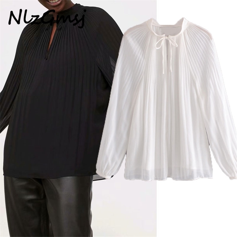 

Blouse Women White Pleated s Oversized Chiffon Shirts Long Sleeves Fashion Bow Elegant 210628, As picture
