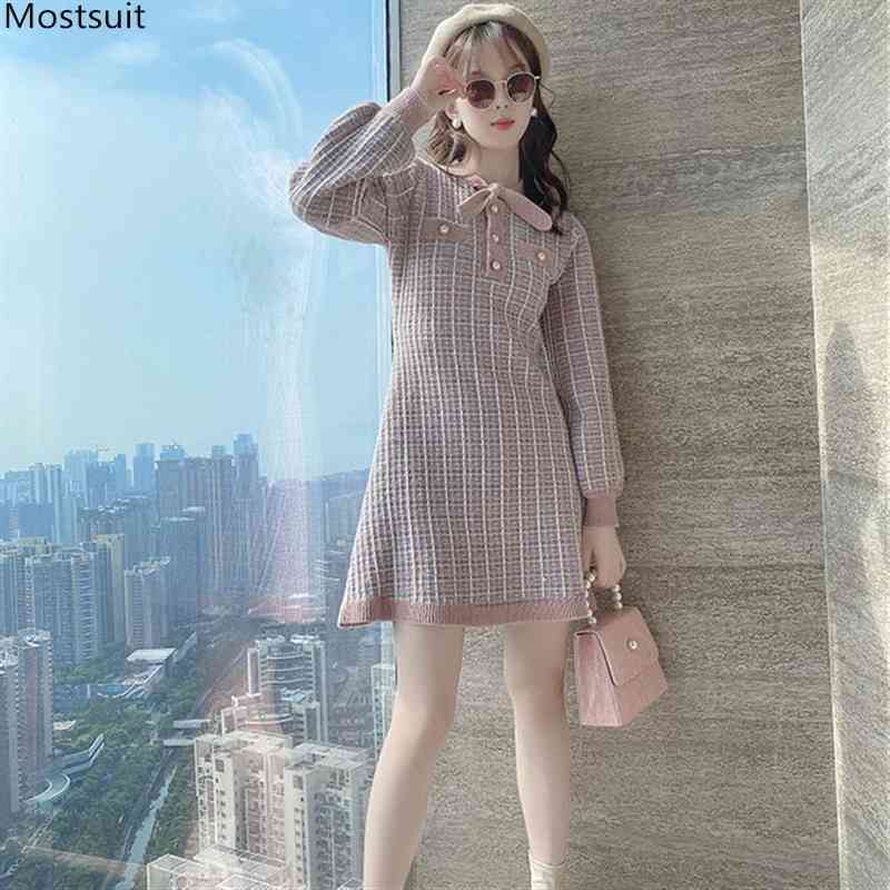 

Autumn Winter Elegant Vintage Long Sleeve Plaid Knitted Mini Dress Women Bow Pockets Buttons Korean Slim Sweater Dresses 210518, As pictures