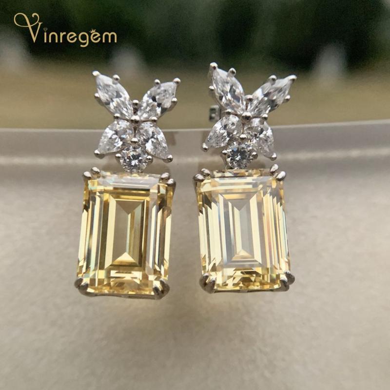 

Stud Vinregem 100% 925 Sterling Silver Emerald Cut Created Moissanite Gemstone Wedding Engagement Luxury Studs Earrings Fine Jewelry, Golden;silver