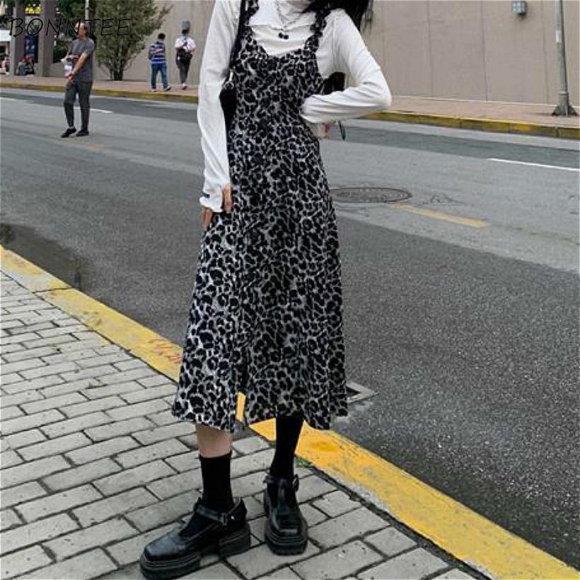 

a line loose casual women dress v neck korean style high street fashionable spring students vintage leopard, Black;gray
