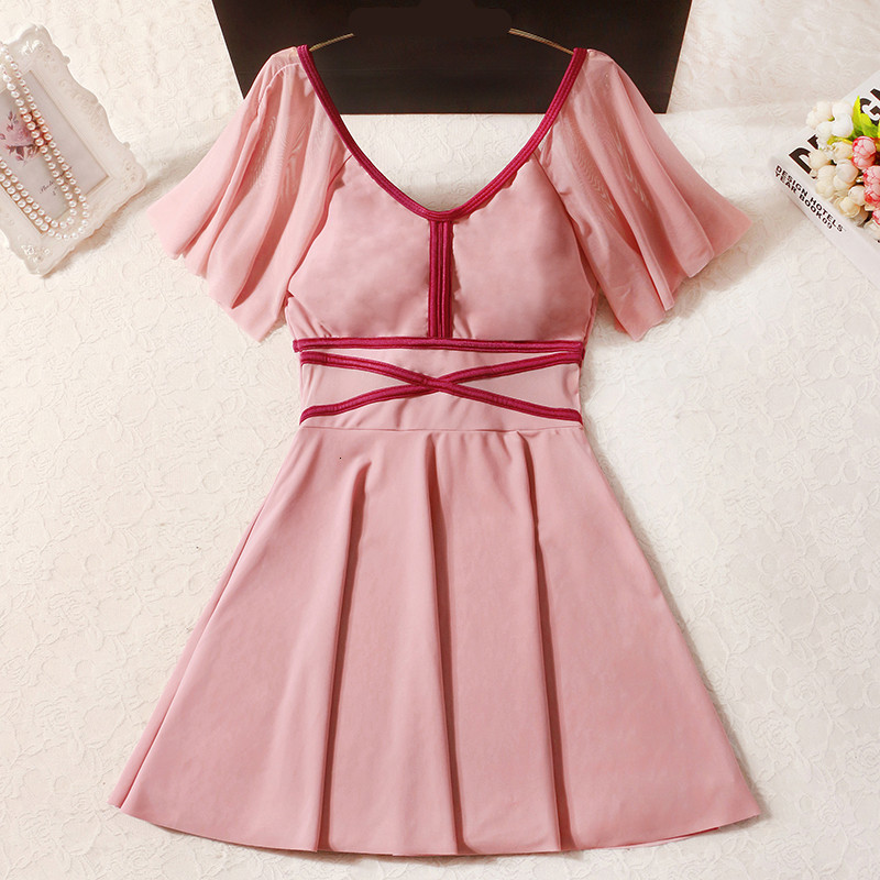 swimwear Korean ins girl student fan solid large conservative belly covering slim one piece skirt swimsuit for women-image-677505200