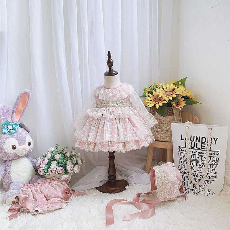 

Baby Girl Spanish Dress Children Vintage Princess Ball Gown Toddler Lolita for Birthday Baptism Pink Lace 210615, Pink 3pcs