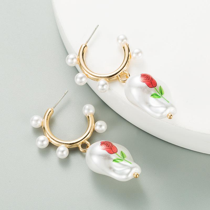 

Rose Printed Korean Simple Plain Gold Metal Beaded Pearl Hoop Earring Fashion Big Circle Hoops Statement Earrings For Women & Huggie