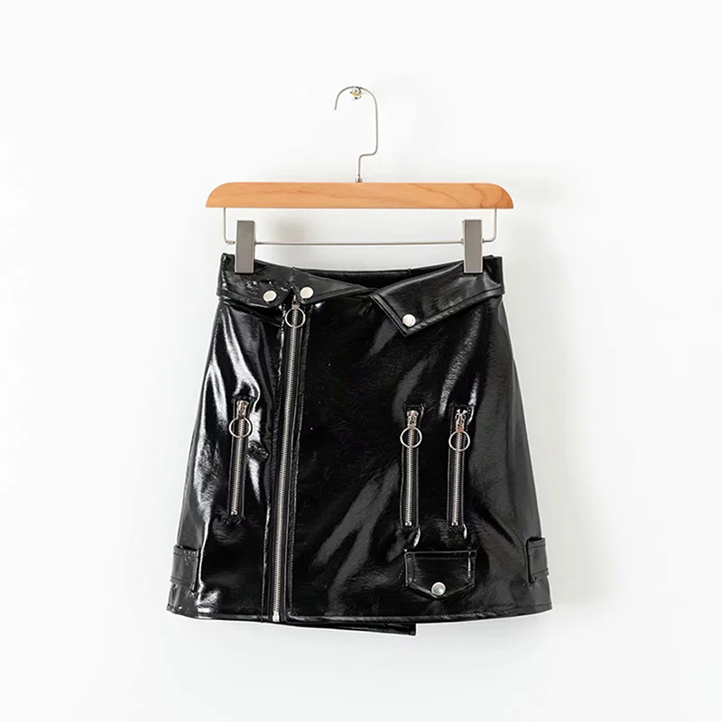 

Summer Women Sexy Locomotive Side Zipper Patent Leather Mini Skirt Female Lined High Waist Skirt 210520, Black