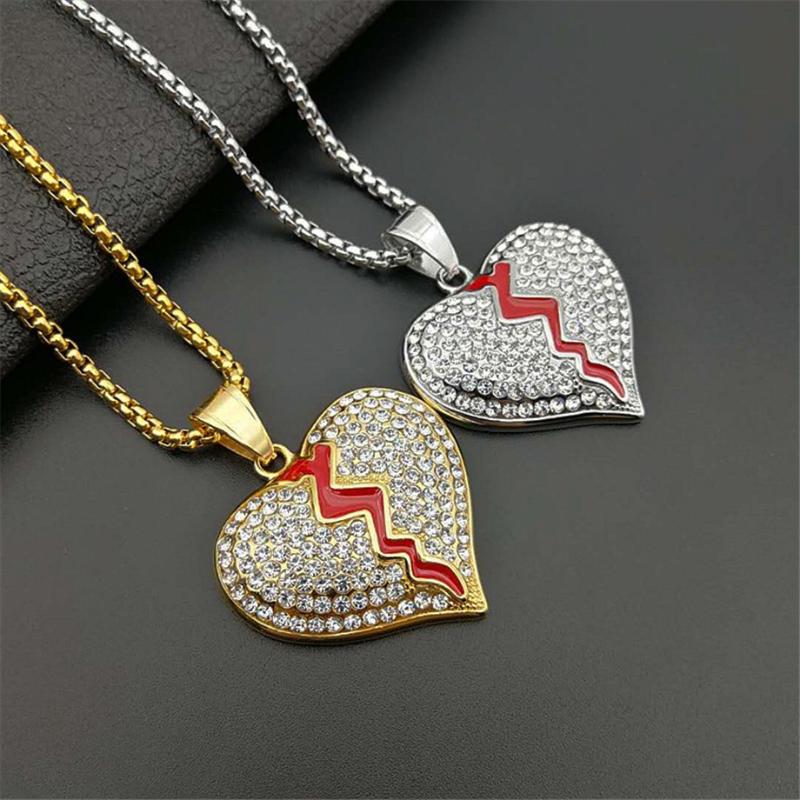 

Pendant Necklaces Iced Out Broken Heart Necklace With Stainless Steel Chain Gold Color Bling Cubic Zircon Men's Hip Hop Jewelry For Gift