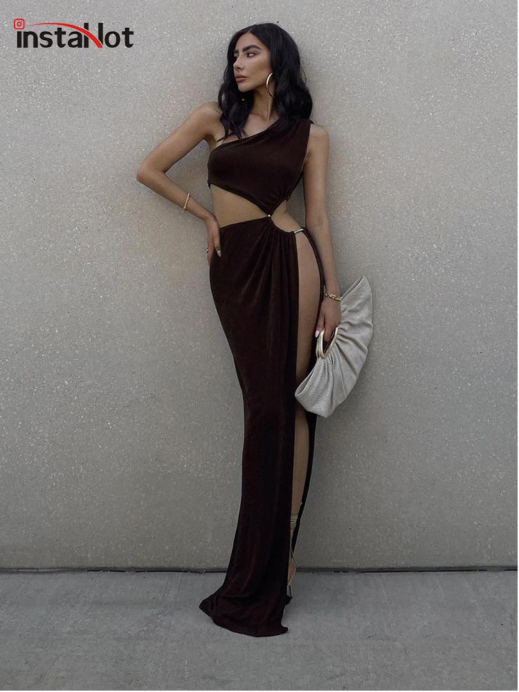 

Casual Dresses Insta Sexy Knitted Women Hollow Out Long Dress Split One Shoulder Summer Aesthetic Fashion Party Club Female Clothing 2021, Black;gray