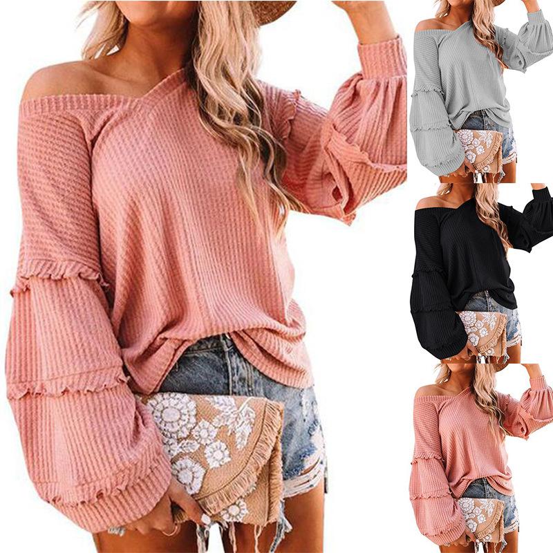 

Women's Sweaters European And American 2021 Fall/winter Style Ruffled V-neck Loose Top Pullover Sweater Women Fall Clothing, White;black