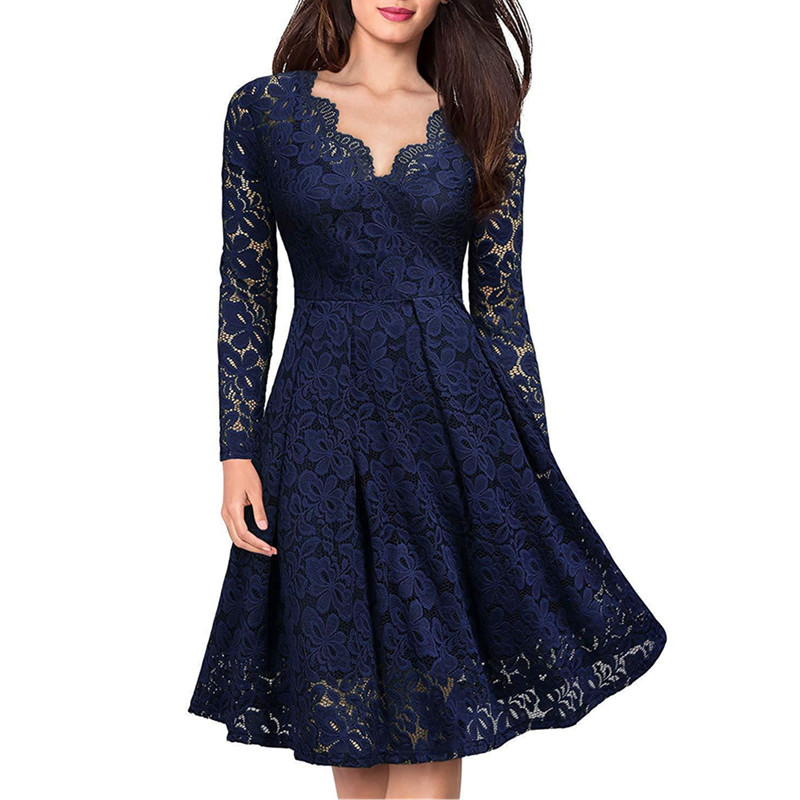 

Women Elegant vintage Sexy V Neck Floral Lace evening long sleeve Slim Tunic Work office Casual Party Swing Skater A-Line Dress, Purple