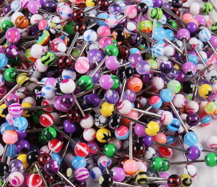 

Tongue Ring bar 100pcs/lot mix color uv acrylic body piercing jewelry tongue barbell ring, Silver