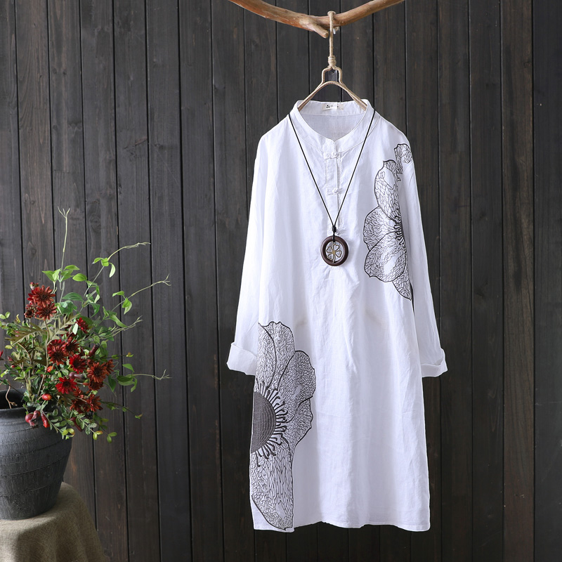 

Women White Cotton Shirt Long Sleeve Embroidery Blouse Stand Collar 2021 New Fashion Loose Long Top Office Lady Casual Wear, Blue