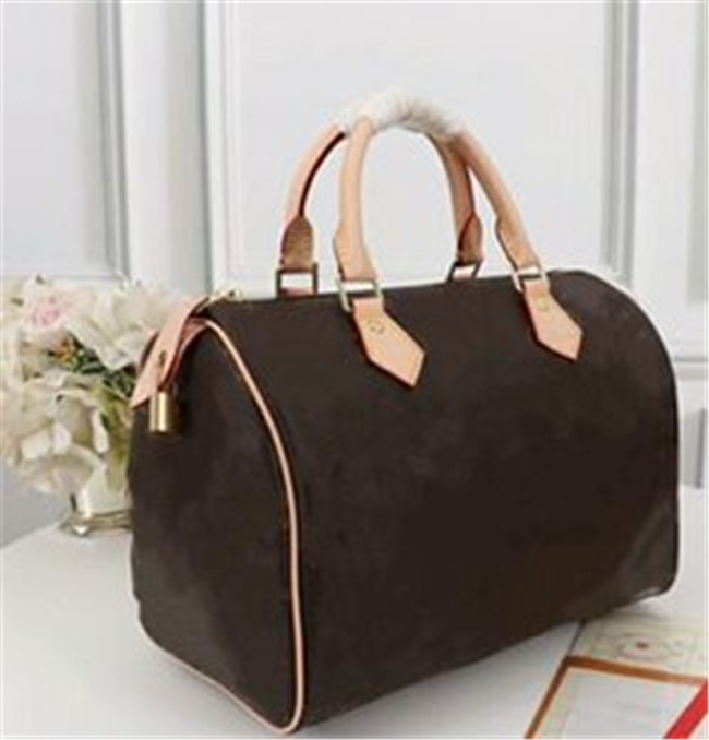 

2021 High quality oxidize cowhide speedy 25 30 35cm Hot Sell Fashion bag women bag Shoulder Bags Lady Totes handbags 3 colors hasnot long strap, Brown plaid 25cm