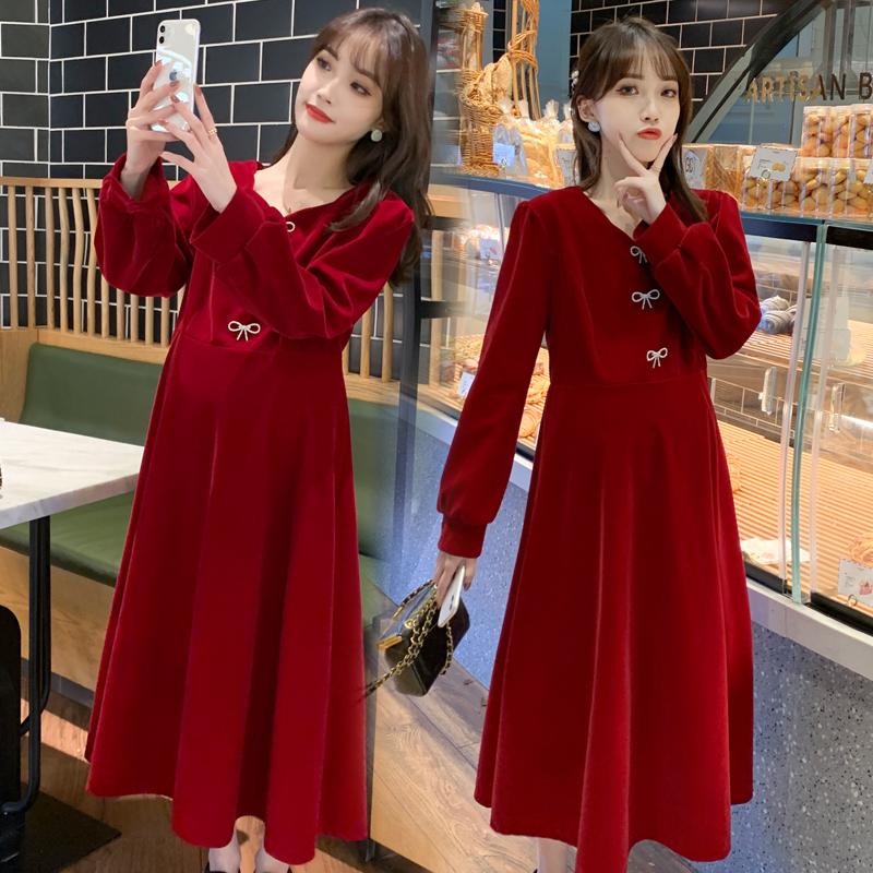 

Maternity Dresses 9775# Autumn Winter Korean Fashion Red Long Dress Elegant A Line Chic Ins Clothes For Pregnant Women Pregnancy, White