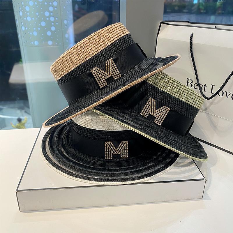 

Wide Brim Hats 2021 M Letter Flat Top Straw Hat Ribbon Boater Beach Women's Summer Fedora Panama Travel Sun Cap, Blue;gray