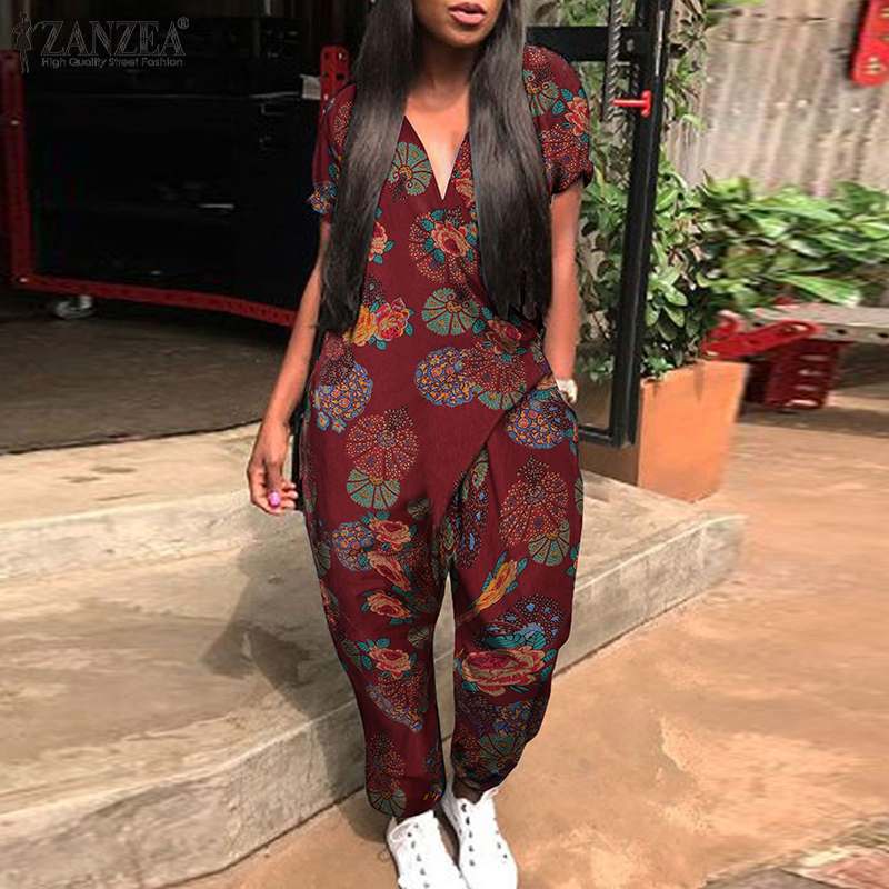 

Kaftan Printed Jumpsuits Womens Summer Overalls ZANZEA 2021 Casual Button Floral Playsuits Female Drop-crotch Romper Oversized, Red