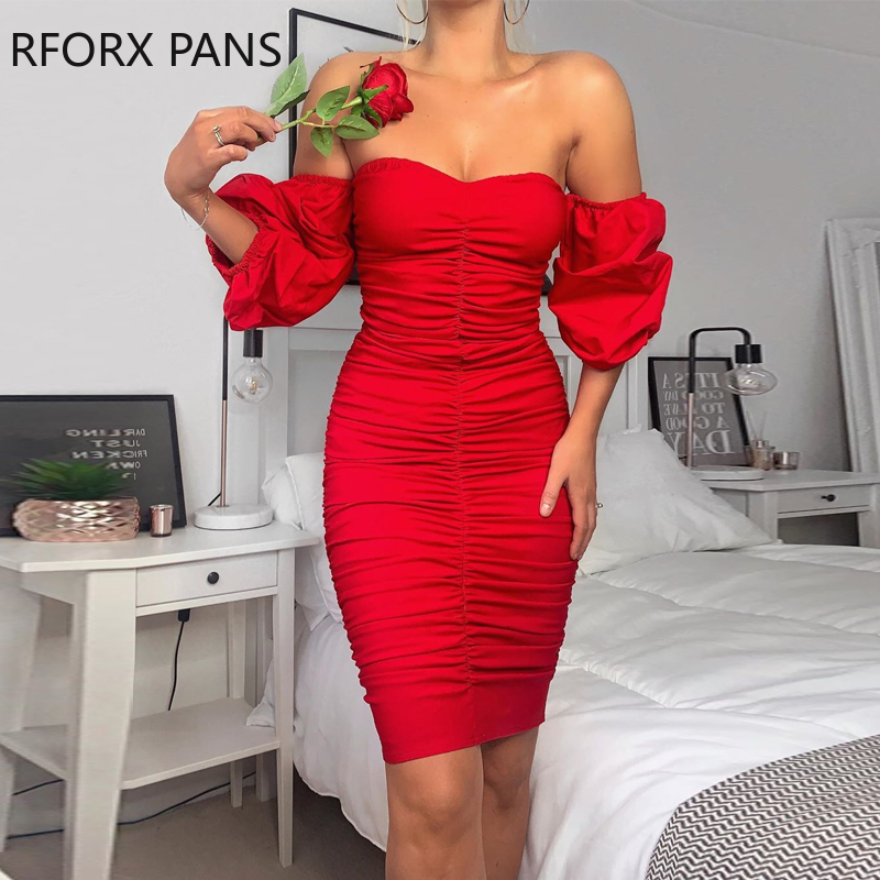 

Solid Off Shoulder Ruched Bodycon Dress Party Dress Summer Dress, Red