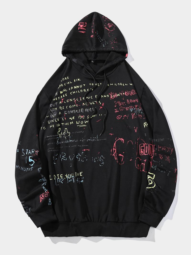 

Ins Fashion Hip Hop Men' Solid Color Printed Sweatshirt Spring Autumn And Winter Hooded Hip-hop Pullover Sleelve Hoodies Sweatshirts Streetwear, Black