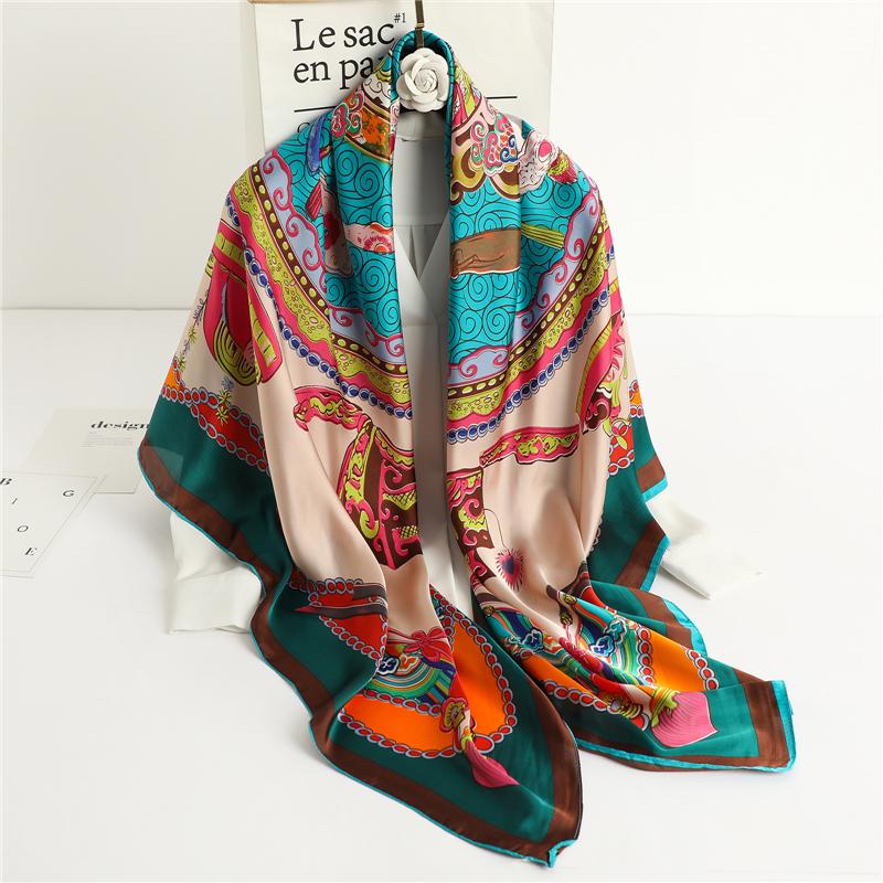 

Scarves 2021 Square Silk Scarf Fashion Print Women Headscarf Kerchief Female Bandana Shawl Accessories Head Neck 135*135cm, Blue;gray