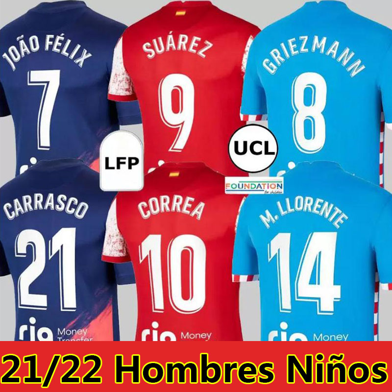 

21/22 Atletico Soccer Jerseys SUAREZ GRIEZMANN JOÃO FÉLIX 2021 2022 Madrid M. Llorente CORREA KOKE Camisetas de fútbol LEMAR CARRASCO men kids kit Football Shirt, 21-22 third