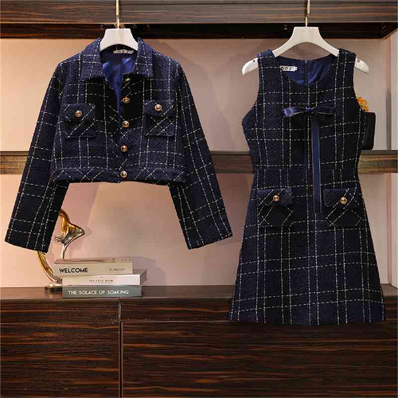 Two Piece Dress Arrival Women Set OL Autumn High-quality 2 Tweed Elegant plaid Suit Female A-Line Vestidos L-5XL 4U6J-image-699672348