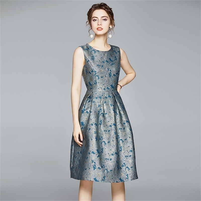 

Retro Temperament Slim Ball Gown Dress Spring Fall Flower Jacquard Green Sleeveless Vest 210602